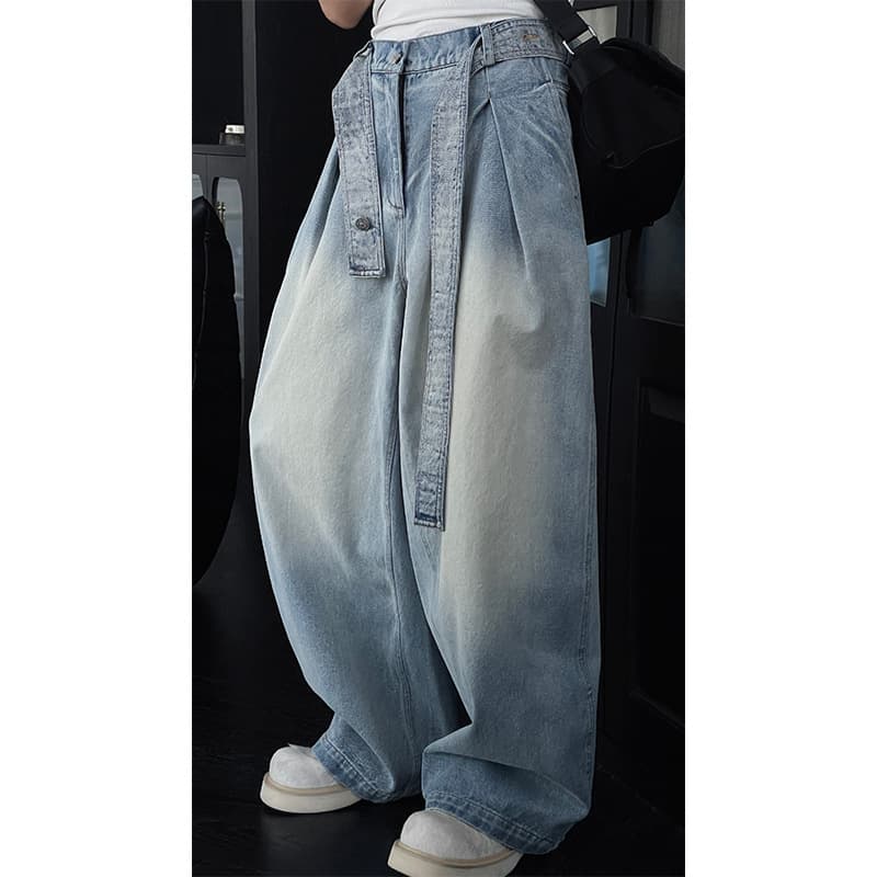 Vintage Light Blue Straight Leg Jeans Spring Autumn New Couple Loose Design Curved Knife Pants Washed Wide Leg Pants Men