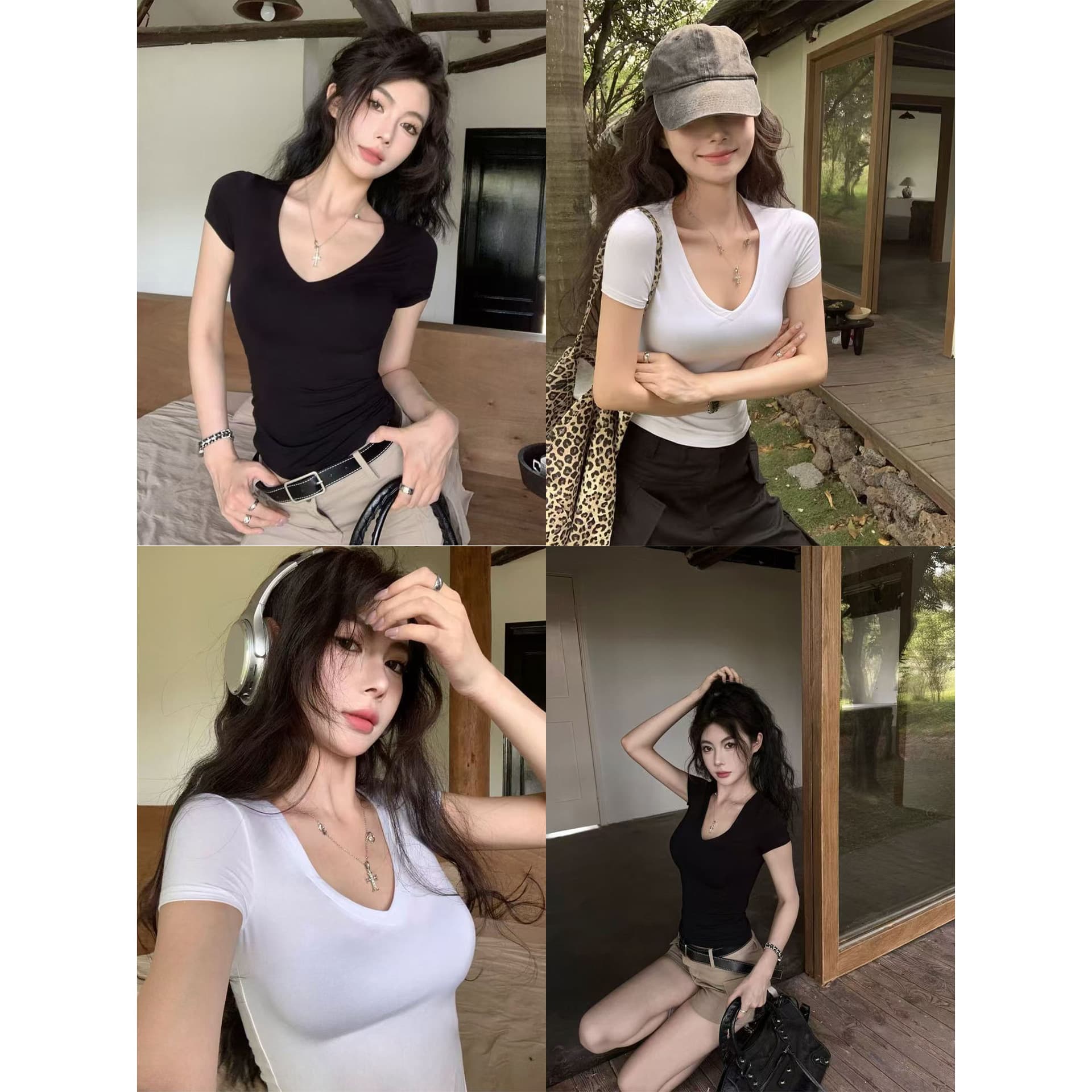Korean Style Women's Short Sleeve Slim Fit Cotton T-Shirt V-Neck Summer New Arrival Versatile Base Layer Shirt