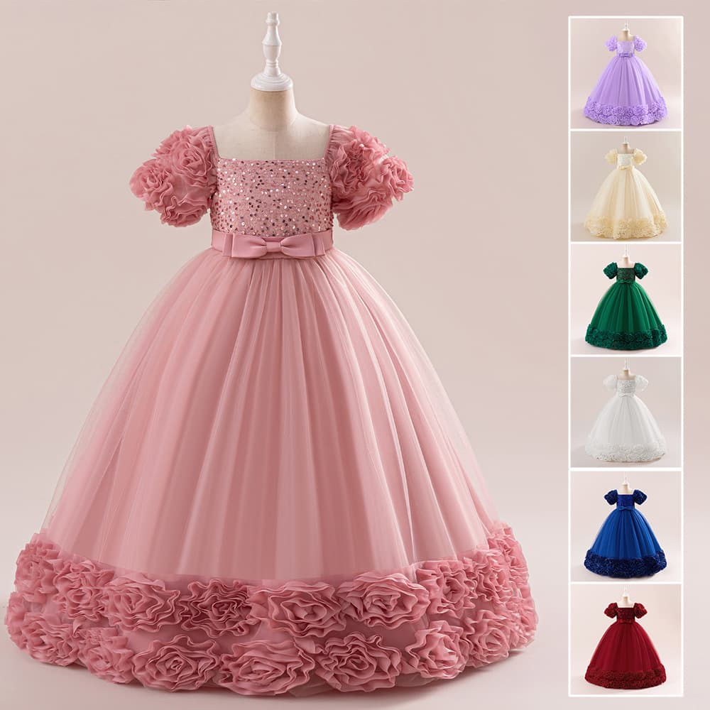 Cross-border Children's Princess Dress Long Gown with Sequins and Bud Skirt for Hosts, Flower Girls, and Wedding Parties