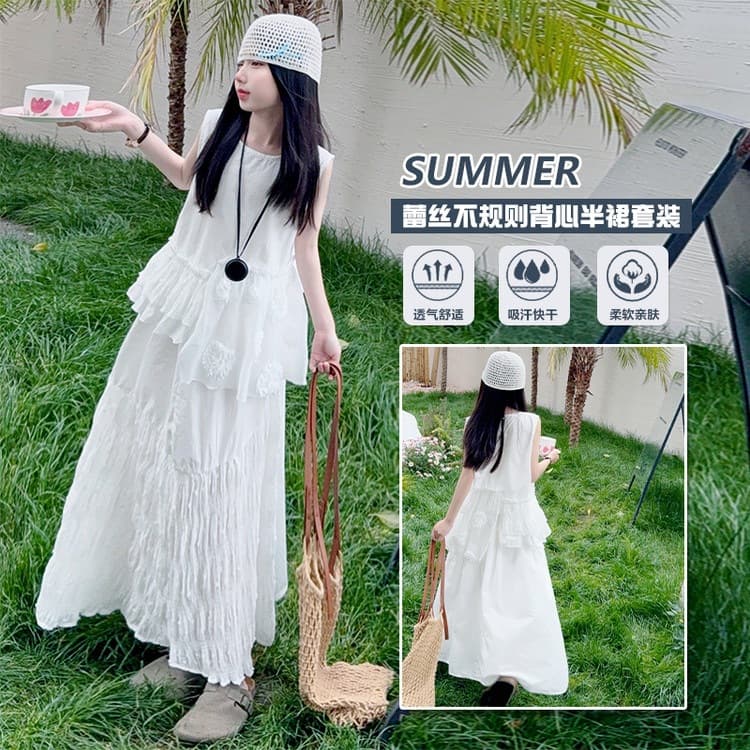 White Dress for Girls Summer Set Children's Skirt Half Skirt Middle and Older Kids Sleeveless Vest Dress Fairy Long Dress