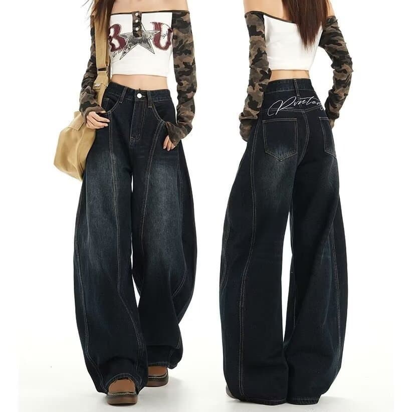 American Retro Black Curved Blade Silhouette Jeans for Men, Streetwear Casual Loose Baggy Wide-Leg Straight Sickle Pants