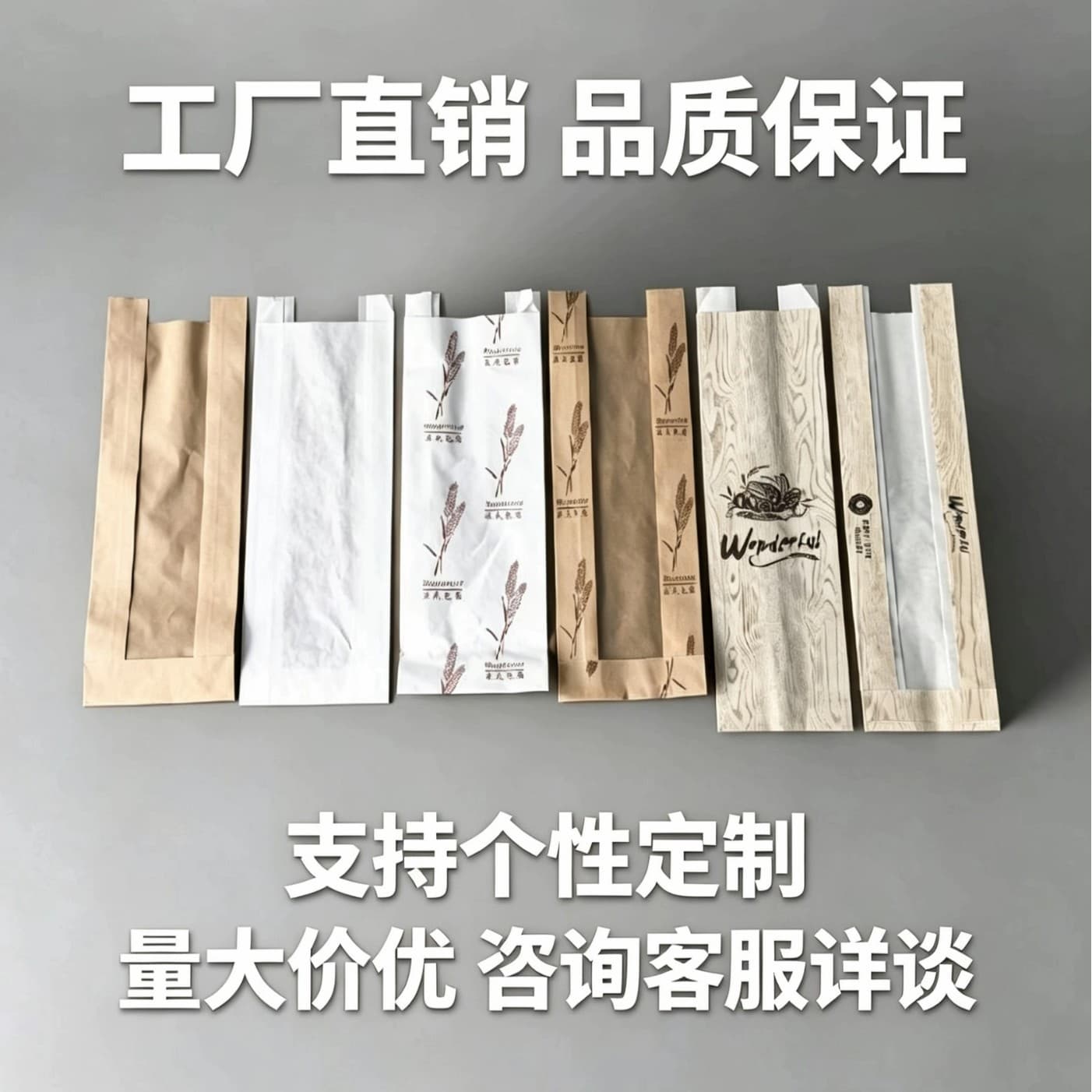 Wood Grain Printed Baguette Bag, Transparent Window Kraft Paper Bag, Baking European Bread Long Baguette Packaging Bag