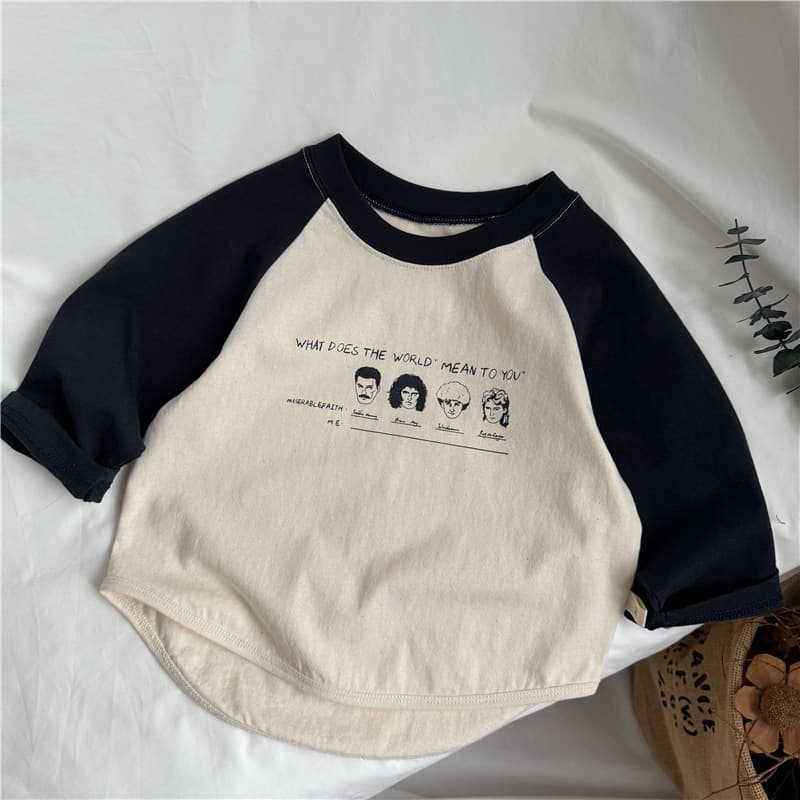 GL-kids Korean Spring New Children's Retro Letter Print Raglan Sleeve T-Shirt Boys and Girls Color Block Base Layer