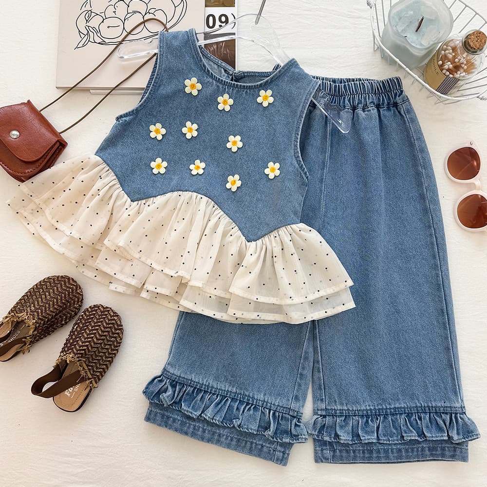 Girls Daisy Denim Patchwork Polka Dot Mesh Sleeveless Top Set Summer Soft Denim Wide-Leg Pants Two-Piece Set