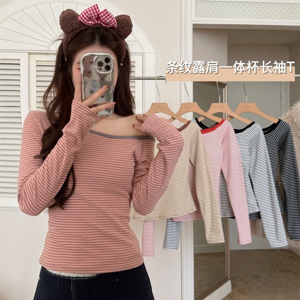 5180# 280g cashmere heat-retaining warm striped long-sleeve T-shirt, women's niche off-shoulder color-block striped top.