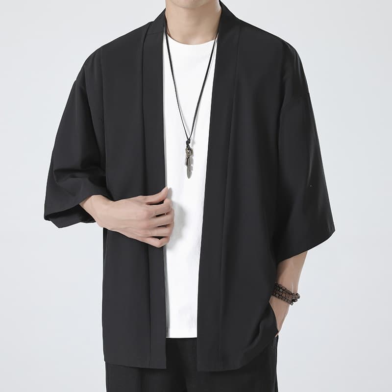 Chinese Style Hanfu Cardigan Jacket for Men, Large Size, Loose-Fitting Taoist Robe, Ancient Style Zen Clothing, Summer Ice Silk Sun Protection Clothing, Kimono