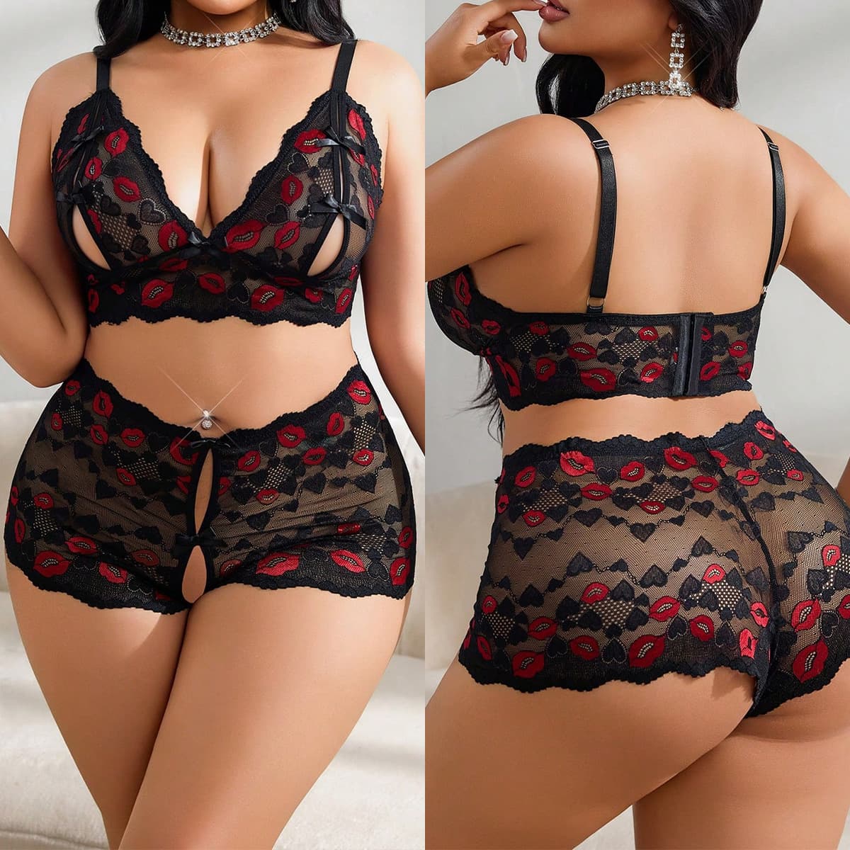 Amazon Lingerie European and American Lace Mesh Semi-Sheer Sexy Lingerie Three-Piece Set 9114