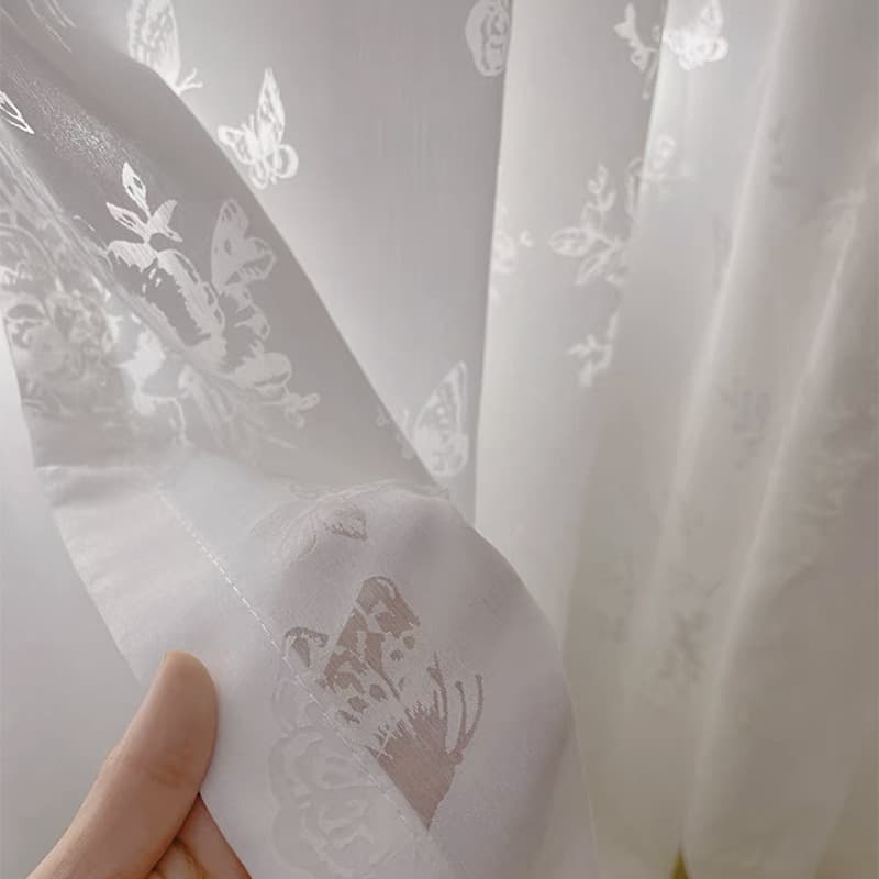 Hollow Butterfly Rose French Embroidered Sheer Curtain for Living Room Balcony Bay Window Bedroom, Milk Tea and White Sheer Curtain