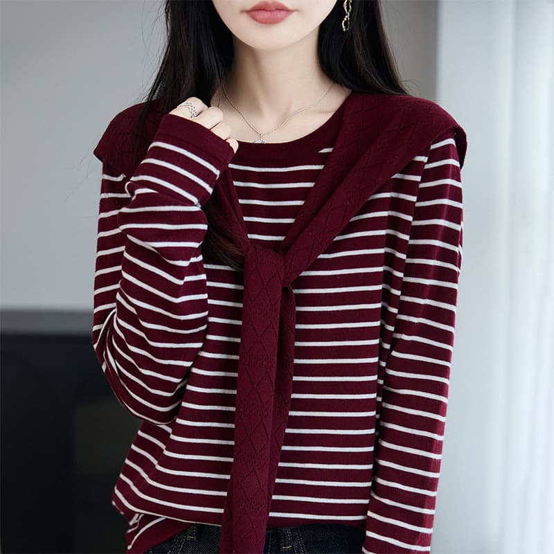 2025 Early Autumn New Fine Wool Crew Neck Knit Sweater Long Sleeve Women's Scarf Color-Block Striped Pullover Base Layer