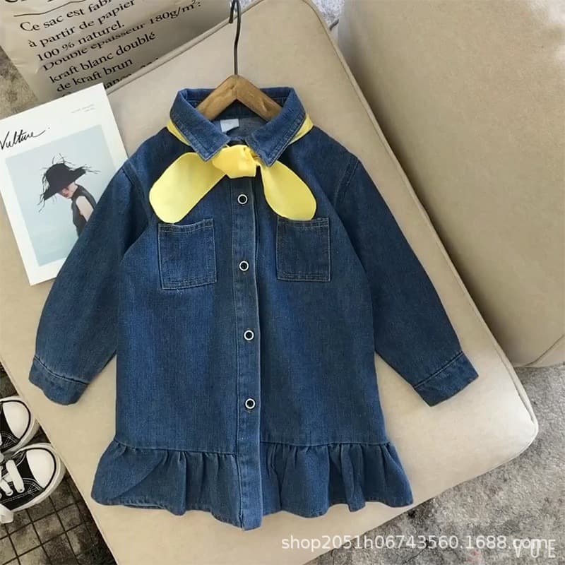 Girls Long Sleeve Denim Dress Spring Autumn Korean Style Princess Skirt Soft Treatment Pure Color Cute Frou-Frou Hemline