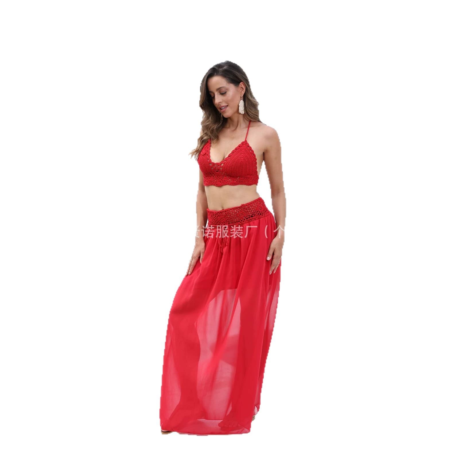 2026 New Bohemian Hand-Crocheted Halter Knit Vest and Skirt Set Beach Vacation Style