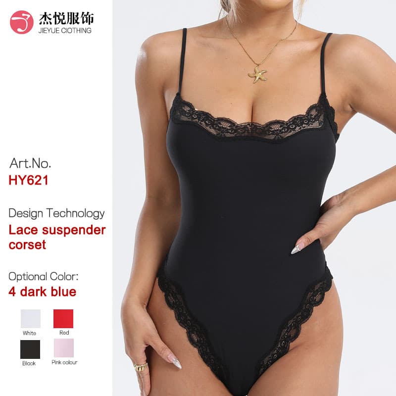 European and American cross-border naked-feel lace trim bodysuit, skin-friendly breathable tight inner wear tank top double-layer strappy shapewear