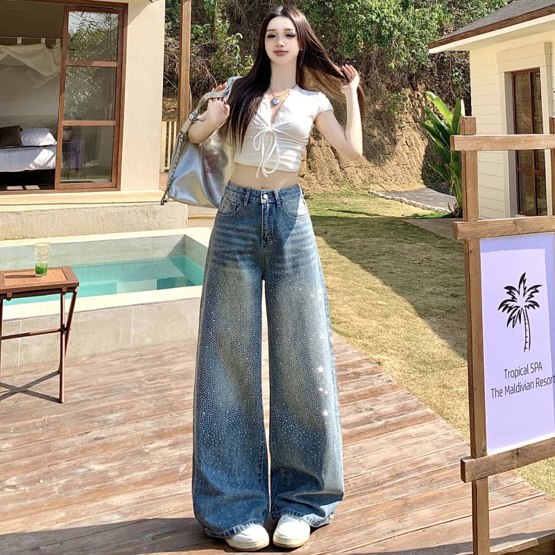 European Rhinestone Sparkle Starry Sky Straight Leg Jeans for Women, 2026 Fashion Heavy Duty High End Wide Leg Pants