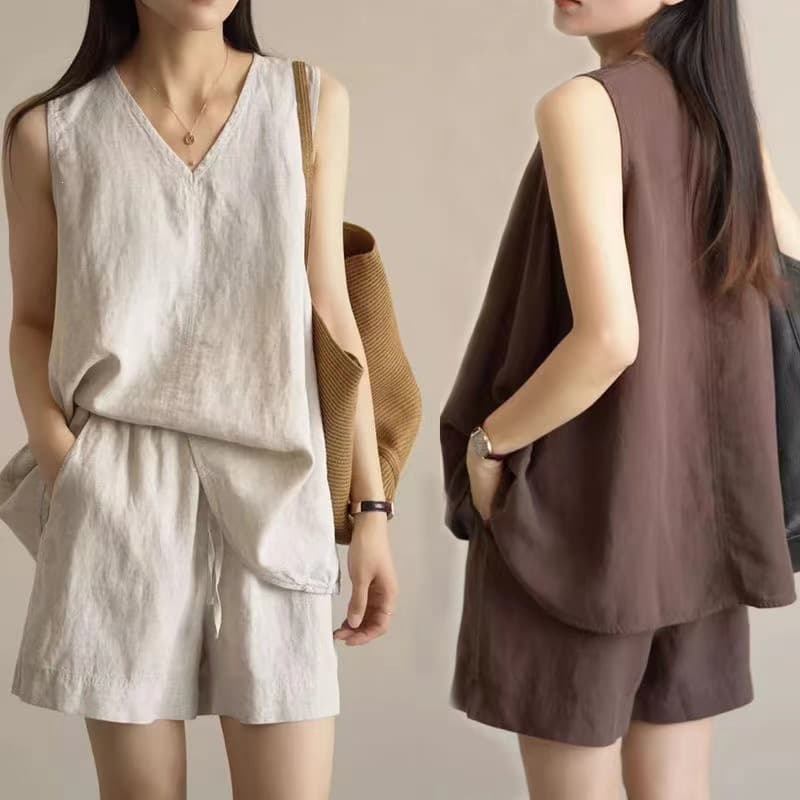 Linen Set Women 2026 Summer New Cross-Border Loose Relaxed Style Vest Top + Drawstring Shorts Two-Piece Set