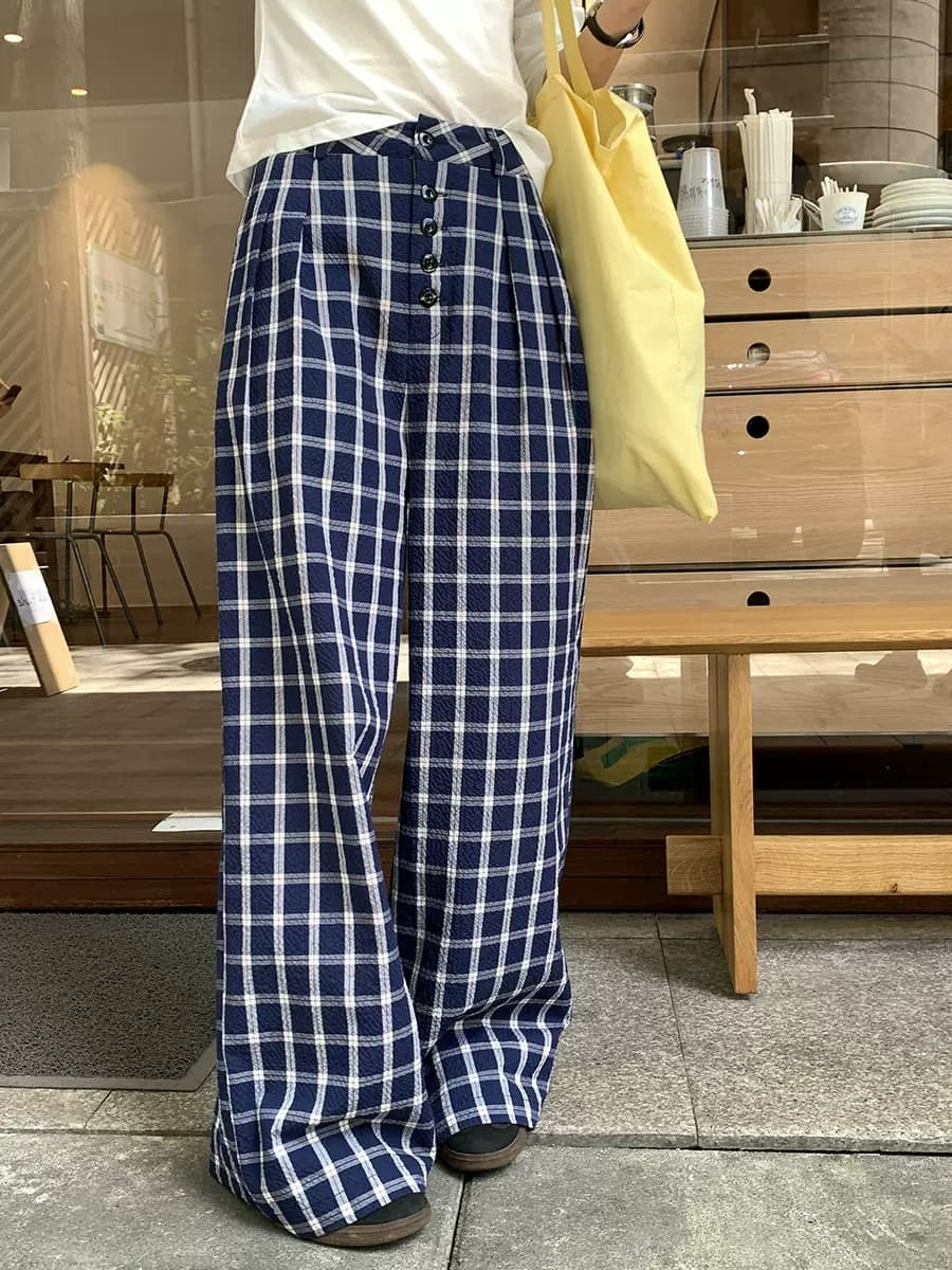 Blue Plaid Casual Pants for Women, Lazy Style High-Waist Wide-Leg Straight Pants, Lounging Pants, Floor-Length Design, Trendy Long Pants