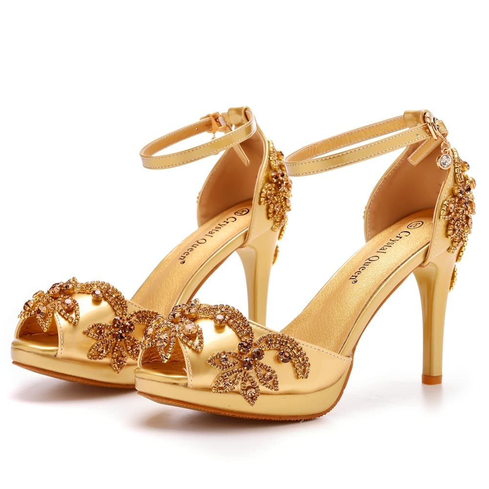10cm golden fish mouth high heel sandals shallow mouth fish mouth water table rhinestone wedding bride shoes gold high heels for women