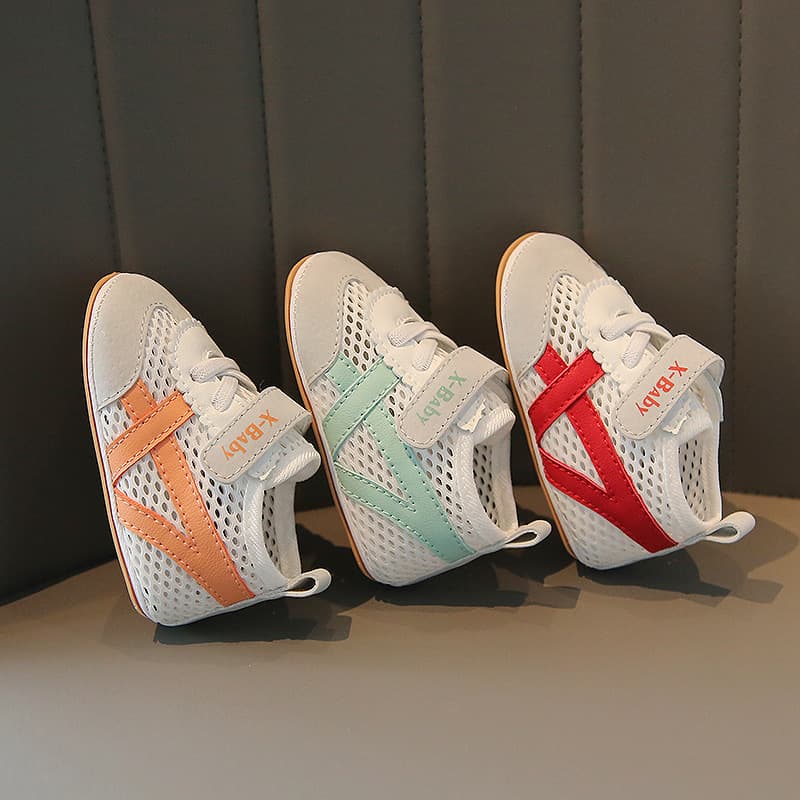 Xiao Liu Bao Spring Anti-Slip Soft Sole Baby Shoes for 3-6-12 Months, Contrast Color Mesh Hook-and-Loop Toddler Walking Shoes