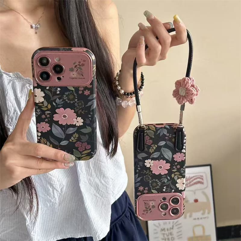 Autumn and winter leather retro pink daisy suitable for iPhone17pro mobile phone case Apple 16pro large window 15pr