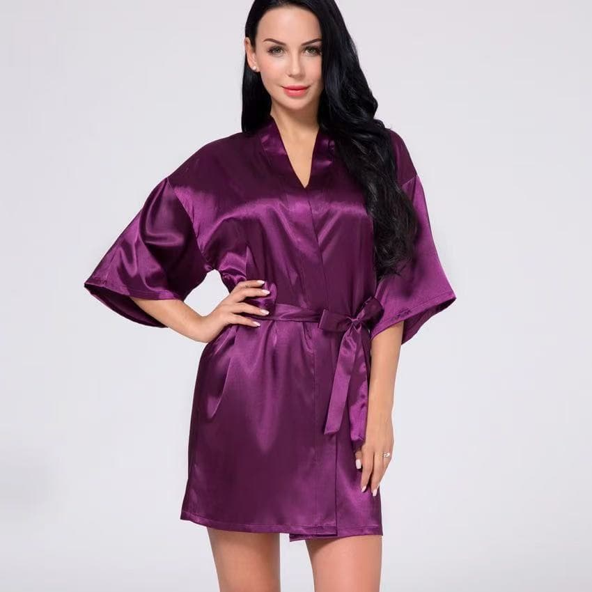 Women's Robe Imitation Silk Satin Kimono Robe Medium Sleeve V-Neck Wine Red Robe for a Lazy and Exquisite Feel
