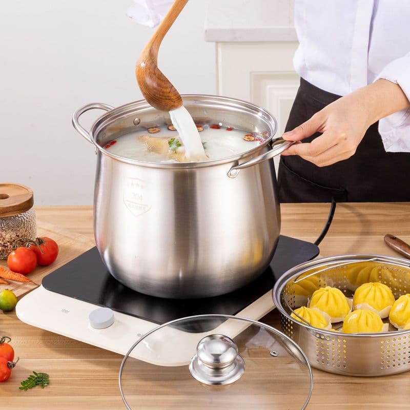 304 Stainless Steel Stockpot, Thickened, Large Capacity, for Home Use, Suitable for Boiling Soup, Porridge, Steaming, Stewing, Induction Cooker, Extra Thick