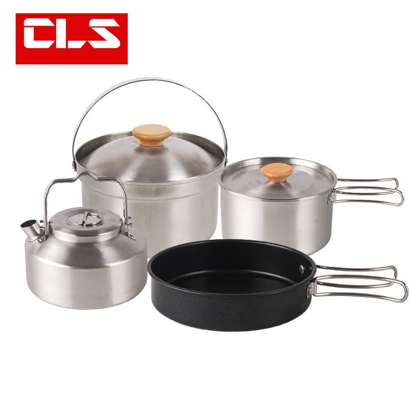 CLS Outdoor Stainless Steel Cookware 4-Piece Set, Camping Pot, Portable Self-Driving Soup Pot, Non-Stick Frying Pan