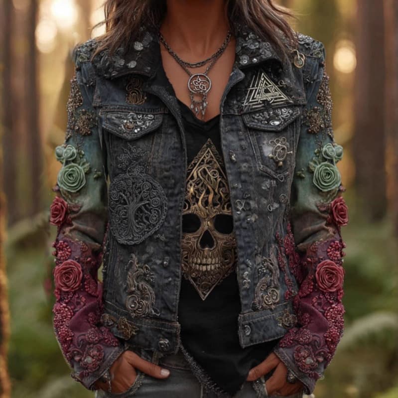 Cross-Border Autumn Retro Washed Denim Jacket for Women, Design Sense 3D Print Turn-Up Cuff New Top