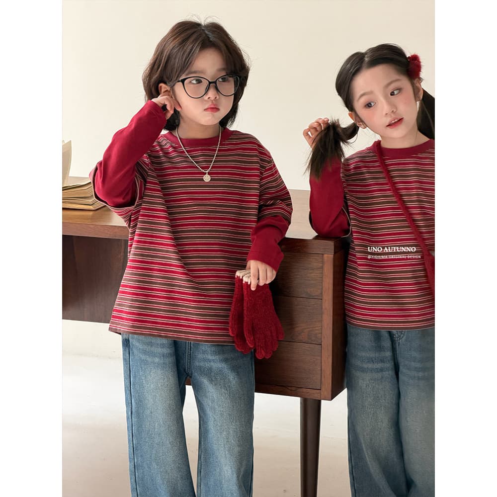 Korean-style Red Striped Faux Layered Long-sleeve T-shirt for Boys and Girls, 2026 Spring/Autumn New Arrival, Stylish Kids' Parent-Child Top