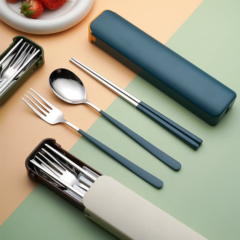 Cross-border Hot Selling Pull-out Portable Cutlery Set 304 Stainless Steel Chopsticks Spoon Fork 3-Piece Set for Students and Office Workers