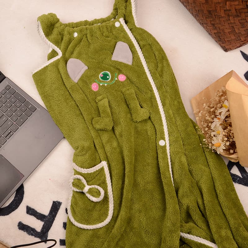 Coral Fleece Bath Towel Wearable Wrap Bathrobe, Thickened, Absorbent, Quick-Dry Bath Skirt Three-Piece Set, Cute Cartoon Hair Dryer Hat