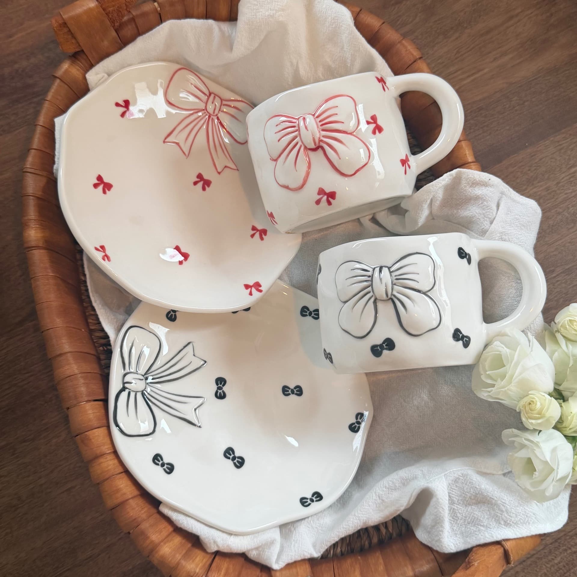 French Vintage Relief Handmade Bow Ceramic Coffee Cup and Saucer, Hand-Pinched Irregular Cup and Saucer, Dessert Plate