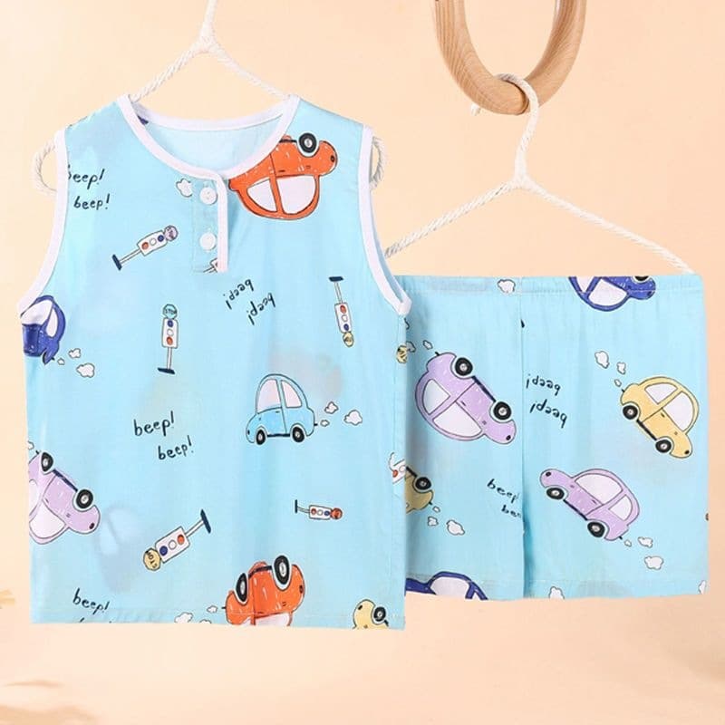 Children's Cotton Silk Vest Shorts Set Boys Girls Baby Pajamas Air Conditioning Wear Cotton Silk Middle Big Kids Homewear Thin