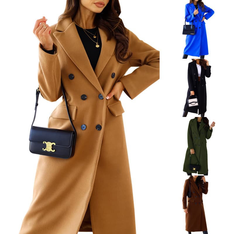 2025 Autumn/Winter New European and American Women's Wear Amazon Simple Double-Breasted Long Sleeve Lapel Button Wool Coat