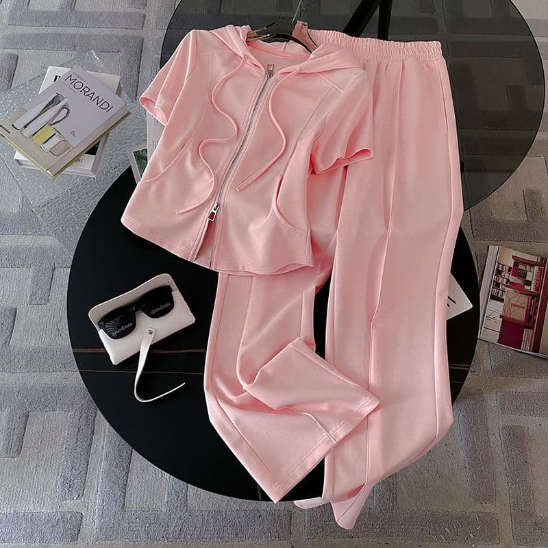 Women's Casual Sportswear Set, Slimming and Concealing, Loose Notched Collar Ice Silk Wide-Leg Pants Two-Piece Set