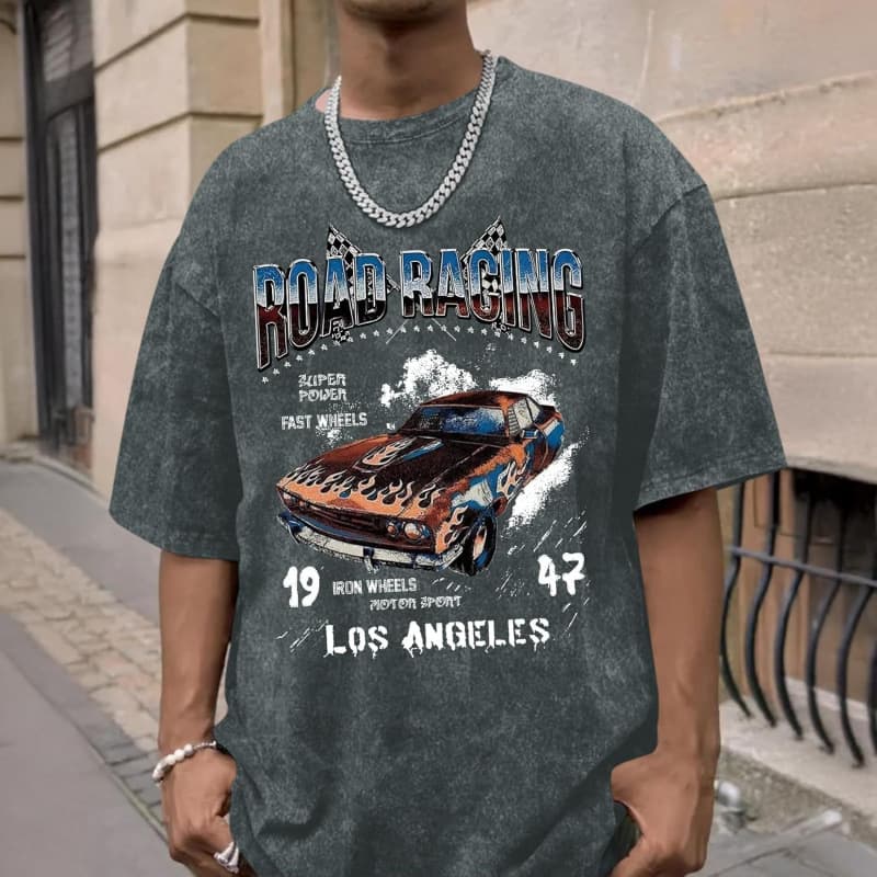 Pure Cotton Vintage Oversized Men's Graphic T-Shirts Acid Wash Tshirt