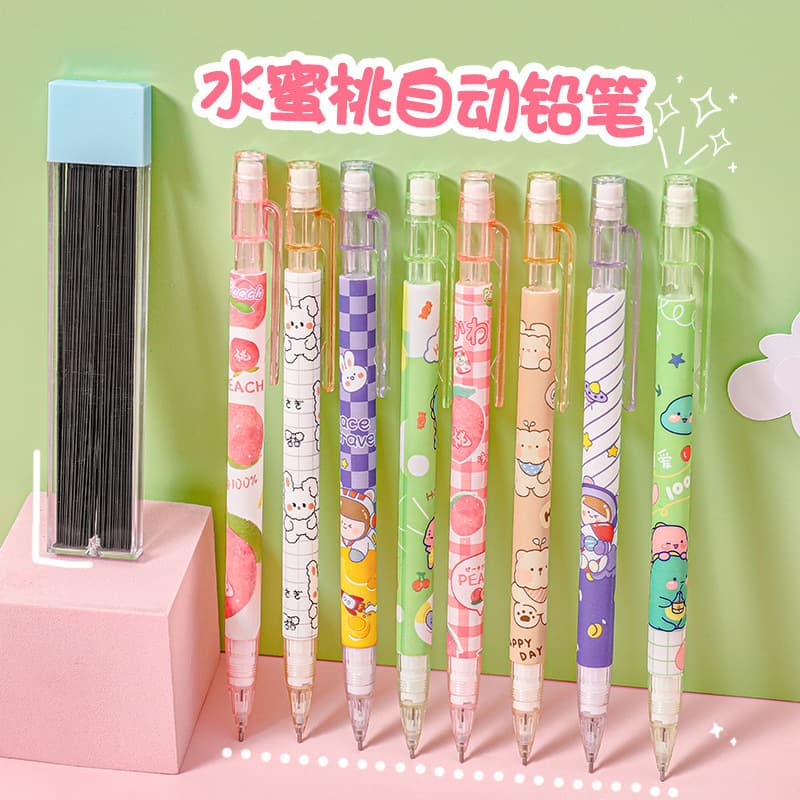 Cartoon peach mechanical pencil, high-quality and cute, no-sharpening, push-button pencil wholesale for elementary school students.