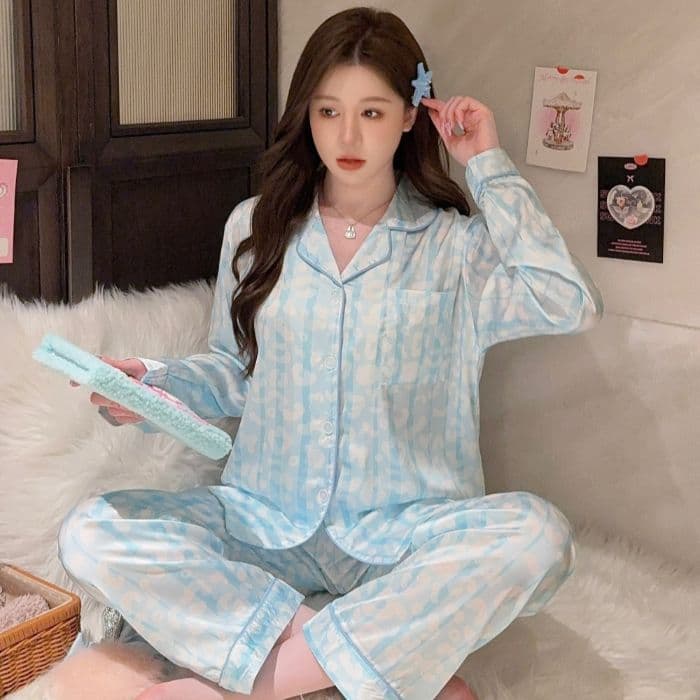 Spring/Autumn New Women's Pajamas Ice Silk Long Sleeve Cardigan Soft Skin-Friendly Two-Piece Set Wearable Outdoors Homewear Set