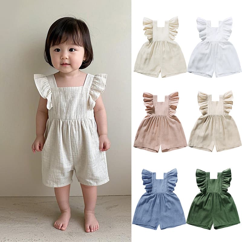 Spring and Summer Baby Girl Cotton Linen Romper, Short Jumpsuit with Small Flutter Sleeves, Bodysuit, Suspenders, Cute Overalls