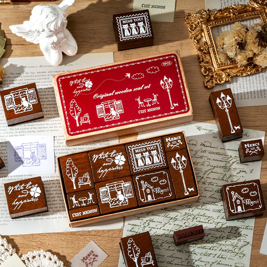 French Blessing Phrase Stamp Set Cross-border Vintage Beech Wood Journal Stamps 9-Piece Premium Journal Stamps