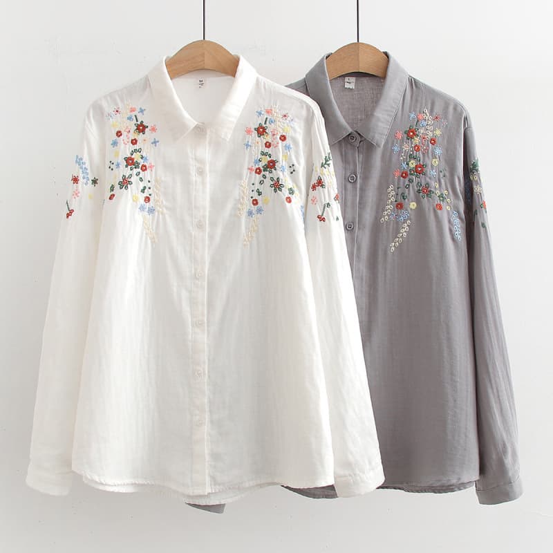Artistic 2024 Spring New Arrival Floral Embroidery Double-Layer Cotton Gauze Long-Sleeve Shirt for Women Loose Fit Blouse