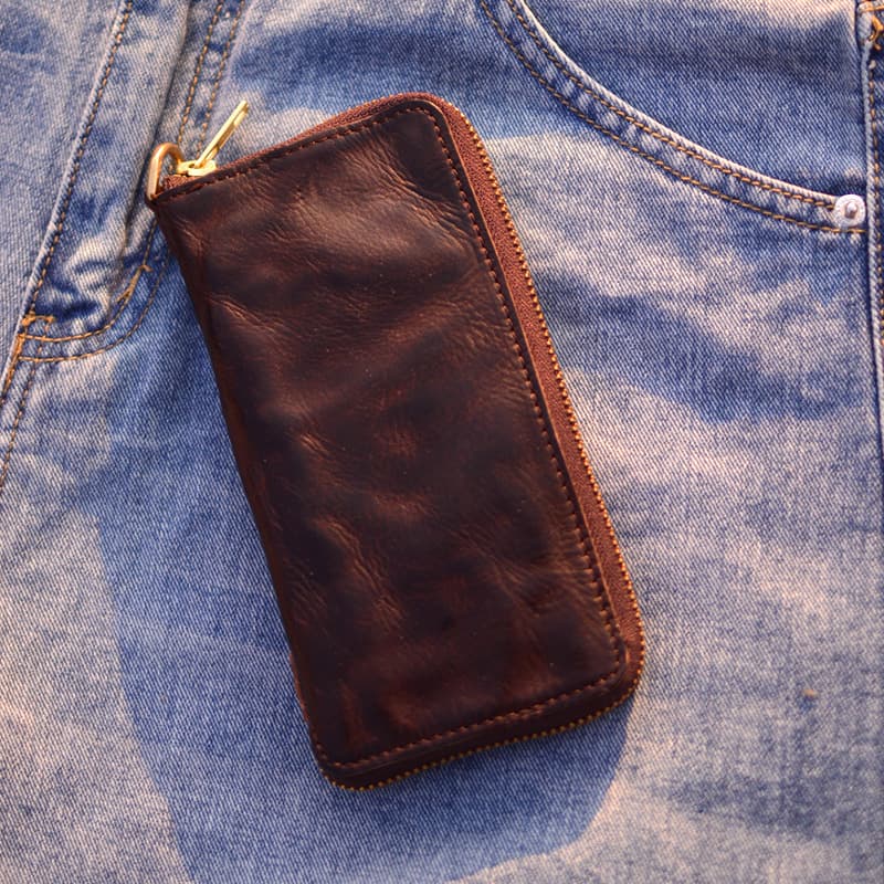 Men's Genuine Leather Long Wallet, Simple Design, Large Capacity, Vintage Top-Layer Cowhide, New Business Style