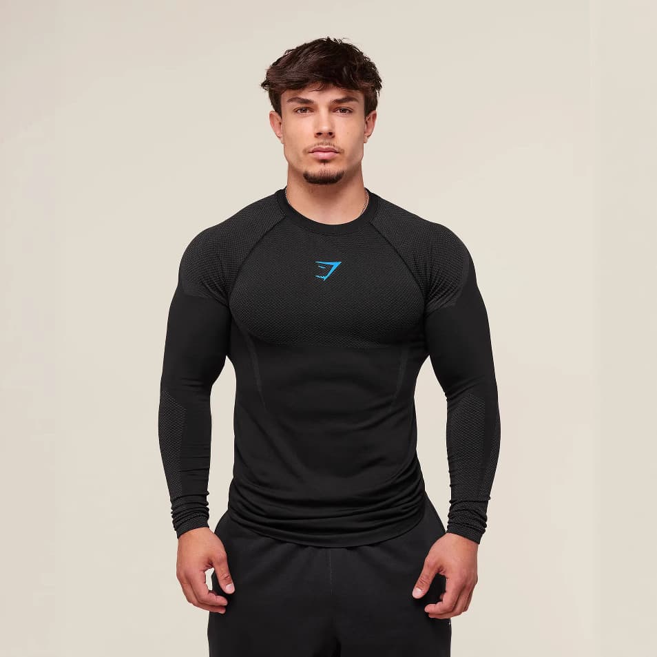 GYMSHARK Men's Muscle Training Fitness Running Workout Shirt, Stretch Seamless Fashion Print Crew Neck Long Sleeve