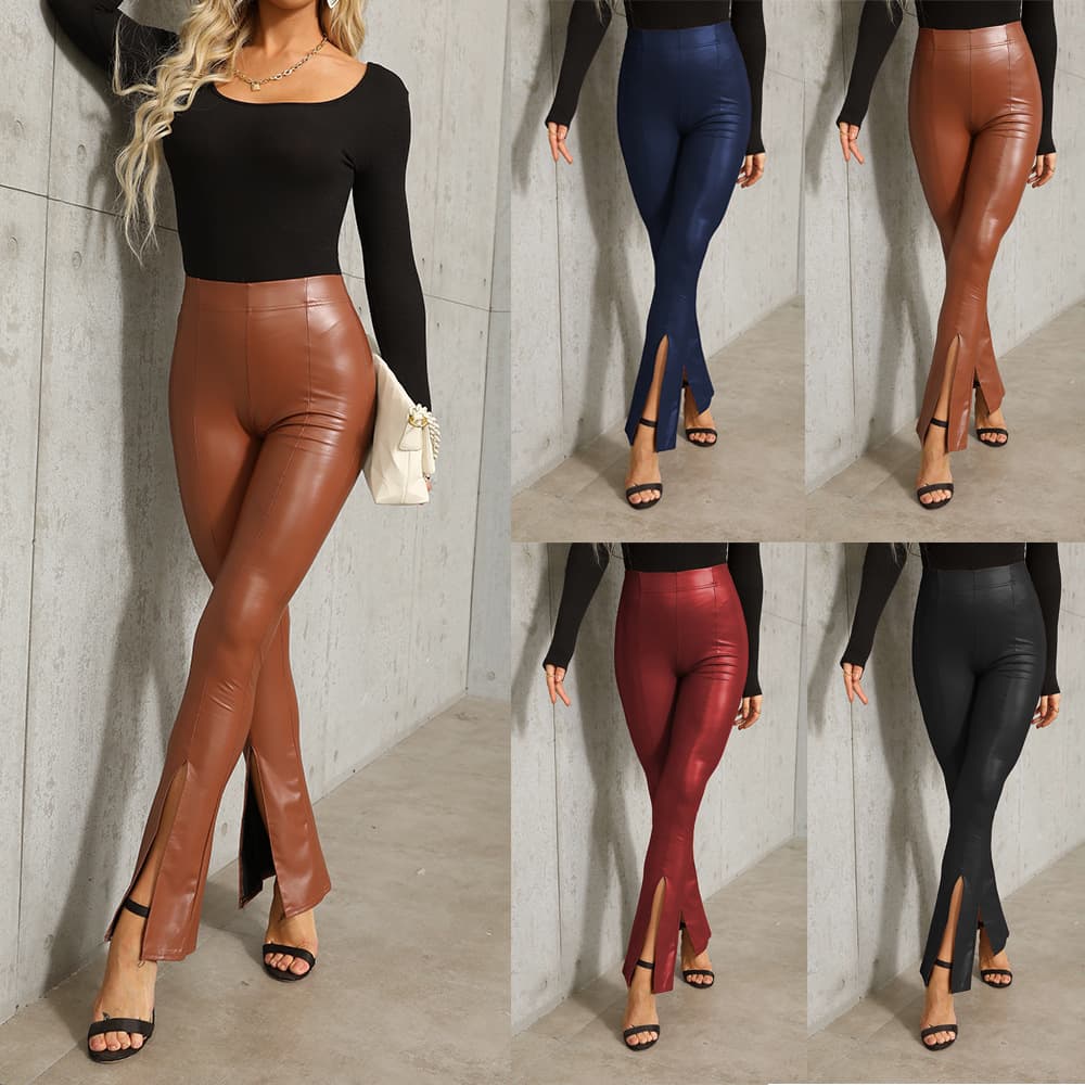 Sexy Bell Bottom Pants High Waist Tummy Control Colorful Long Pants PU Women's Bottoming Trousers Tight Fit Casual Pants
