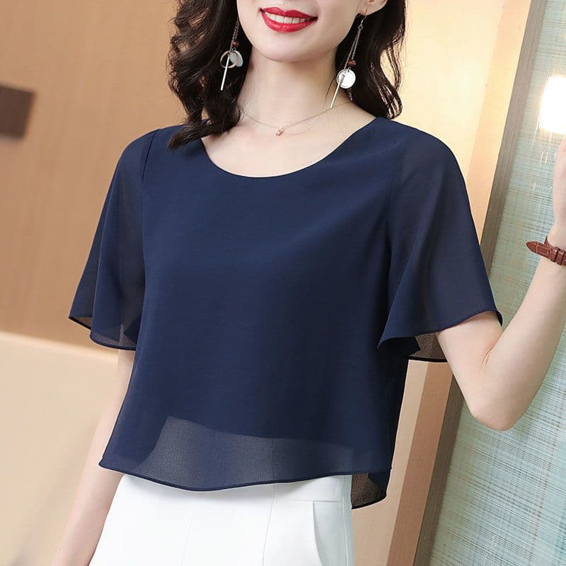 Chiffon Blouse for Women, Short-Sleeved, Short Style, 2026 Fashion for Middle-Aged Ladies, Mom, Faux Two-Piece, Plus Size, Stylish and Age-Reducing