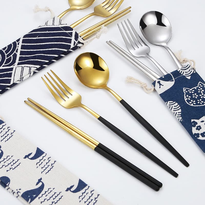 Stainless Steel Spoon, Fork, and Chopsticks 3-Piece Set Creative Portable Tableware Set Japanese Style Cloth Bag Spoon and Chopsticks Set