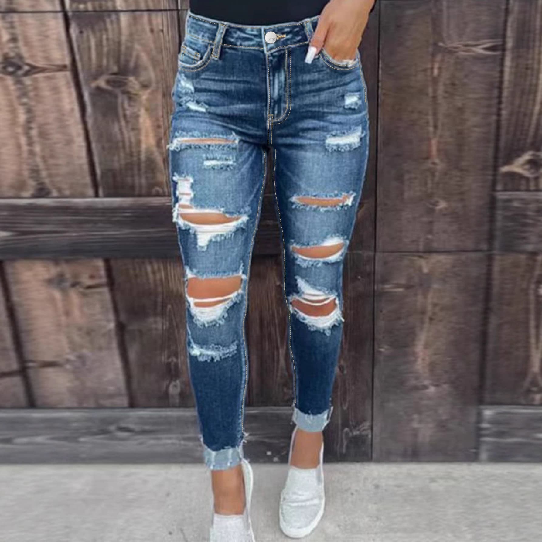 Cross-border Europe America Blue Ripped Skinny Jeans LAZADA MercadoLibre TEMU Amazon Ozon Ready Stock Foreign Trade