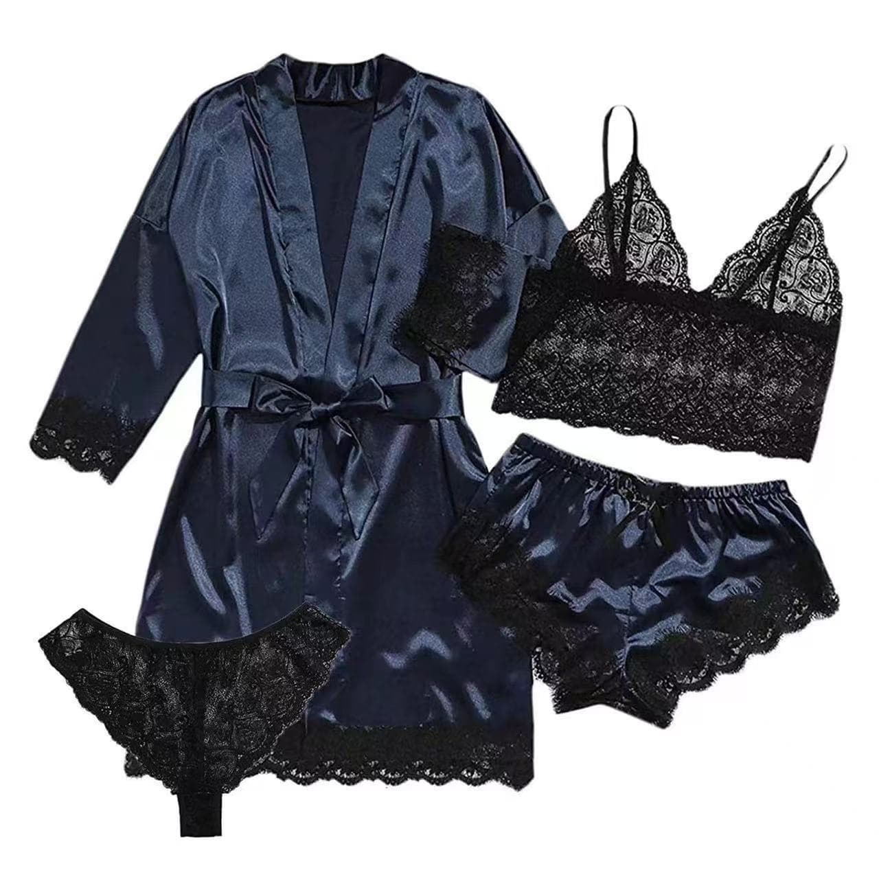 New Women's Pajama Set 4-Piece Lace Satin Camisole Sleepwear Summer Set with Robe Nightgown Wholesale
