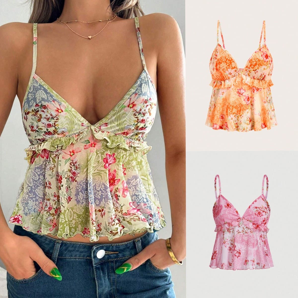 2025 Amazon Cross-Border EU/US New Sexy Vacation Style Printed Sheer Ruffle Sleeveless Camisole Top
