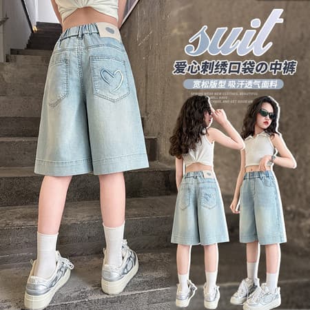 Girls' denim shorts for summer outerwear, foreign-style children's Korean style pants, thin trousers, medium trousers for girls and older children, versatile
