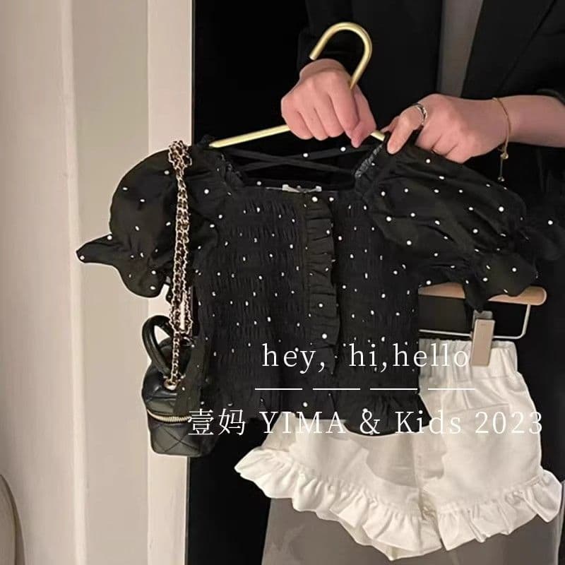 Korean children's clothing 2024 summer new style black polka dot short-sleeved shirt girl baby style top white shorts