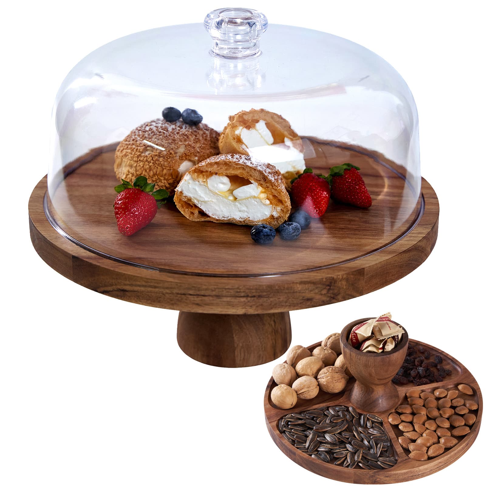 Cake tray made of acacia wood with transparent acrylic cover, tasting dessert plate with dust-proof glass dome